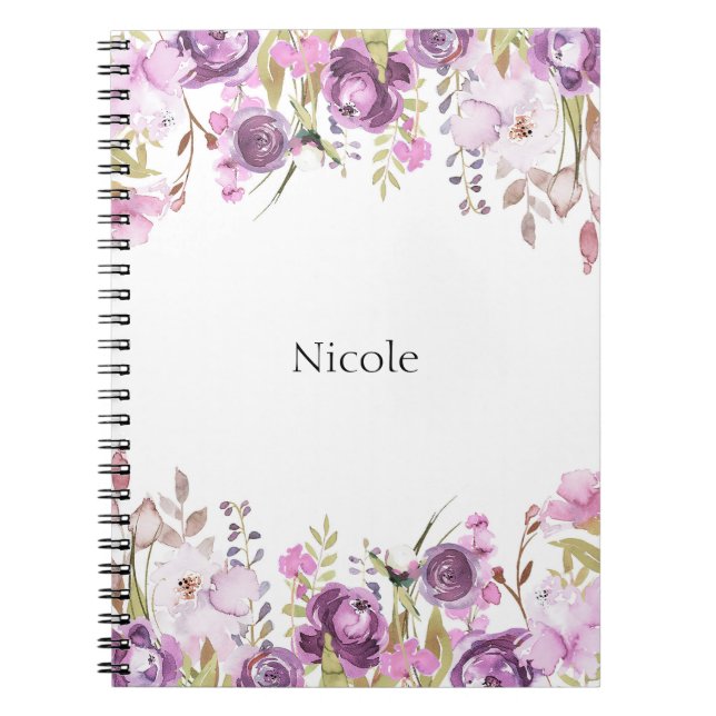 Caderno Espiral Lavanda Roxa Lilac Aquarela Chic Floral (Frente)