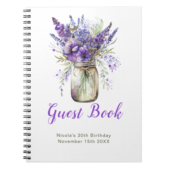 Caderno Espiral Lavender Mason Jar Birthday Party Guest Book (Frente)