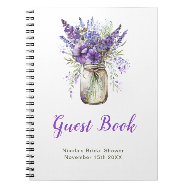 Caderno Espiral Lavender Mason Jar Bridal Shower Guest Book (Frente)