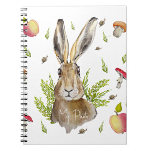 Caderno Espiral Lebre branca com fundo de maçãs e cogumelos
