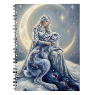 Caderno Espiral Lebre Lua Deusa Galáxia Celestial Arte Fantasia