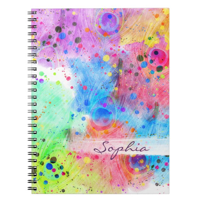 Caderno Espiral Legal aquarela penas pavão padrão abstrato (Frente)