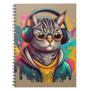 Caderno Espiral Legal Groovy Cat com Fones de ouvido ouvindo músic