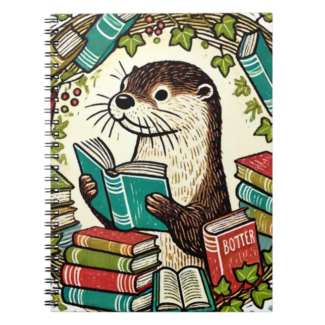 Caderno Espiral Lendo Leitores de Ilustração de Bookish Otter (Frente)