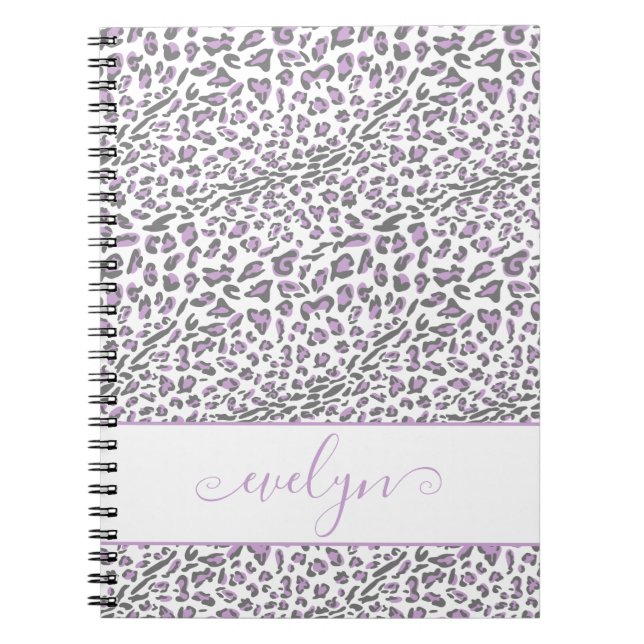 Caderno Espiral Leopard Animal Print Cream Lilac Cinza Personaliza (Frente)