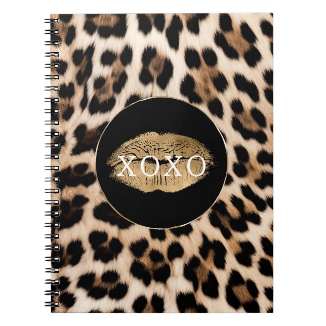 Caderno Espiral Leopard Imprimir Lábios Dourados XOXO (Frente)