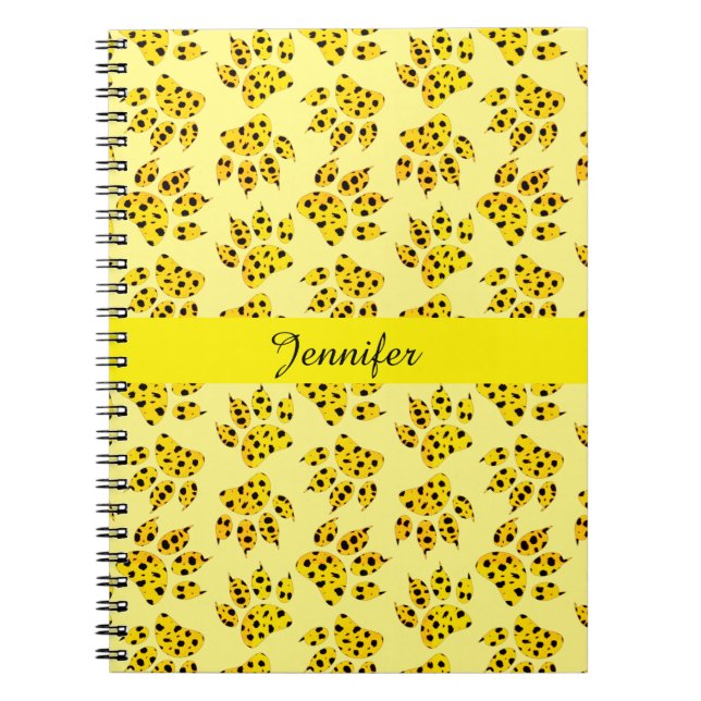 Caderno Espiral Leopard Paw Print Patterno Add Name (Frente)