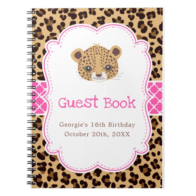 Caderno Espiral Leopard Print Pink Quatrefoil Birthday Guest Book (Frente)