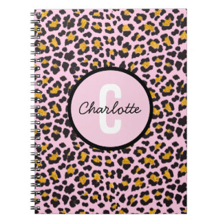 Caderno Espiral Leopardo Cinto Imprime Monograma Rosa Dourado