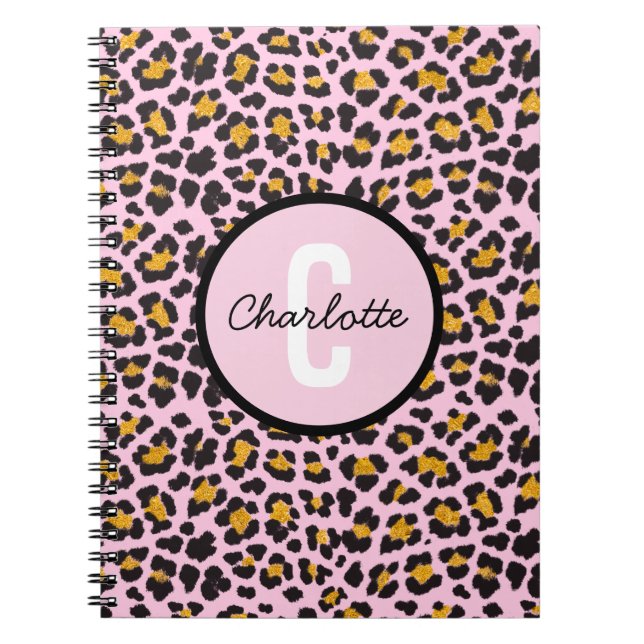 Caderno Espiral Leopardo Cinto Imprime Monograma Rosa Dourado (Frente)