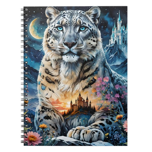 Caderno Espiral Leopardo Majestoso da Neve - Castelo - Lua, (Frente)