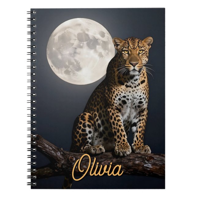 Caderno Espiral Leopardo Majestoso e Lua Cheia Personalizado (Frente)