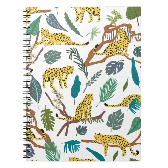 Caderno Espiral Leopardos na selva, traçados à mão. (Frente)