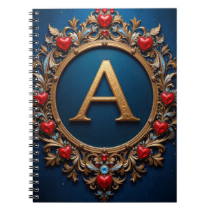 Caderno Espiral Letra A Dourada Elegante Rodeada por Corações