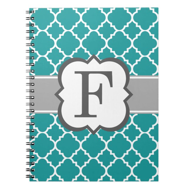 Caderno Espiral Letra Azul Teal Monograma F Quatrefoil (Frente)