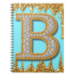 Caderno Espiral Letra B de Diamante de Luxo em Fundo de Brilho Dou