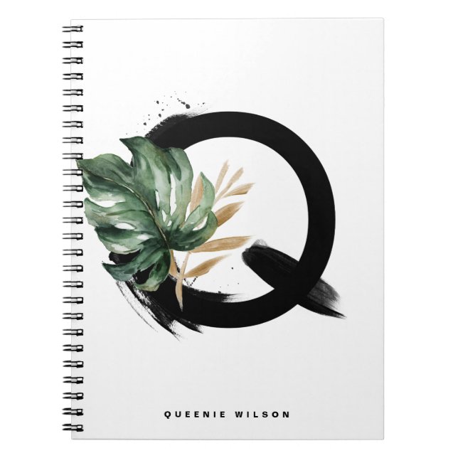 Caderno Espiral Letra Boho Q Monograma Monstro Tropical Leaf Monst (Frente)