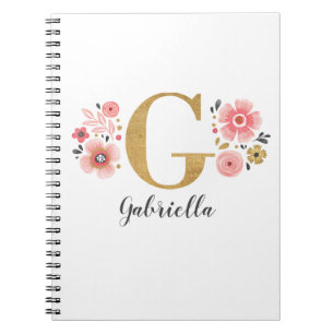 Caderno Espiral Letra Dourada Rosa Monograma Floral G