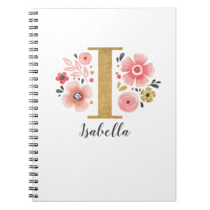 Caderno Espiral Letra Dourada Rosa Monograma Floral I