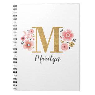 Caderno Espiral Letra Dourada Rosa Monograma Floral N
