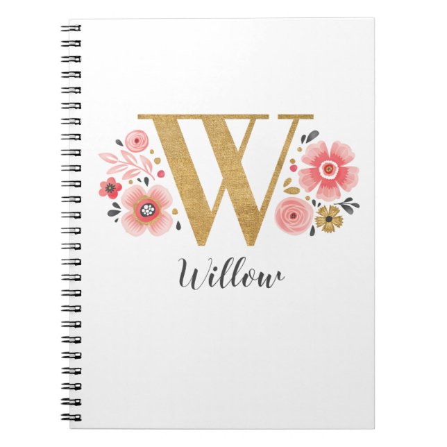 Caderno Espiral Letra Dourada Rosa Monograma Floral W (Frente)