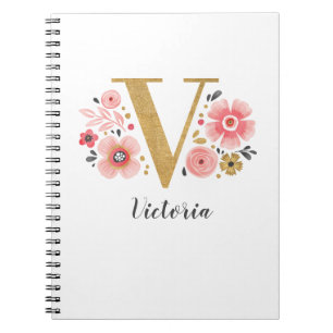 Caderno Espiral Letra Elegante Floral Dourada Monograma Rosa V