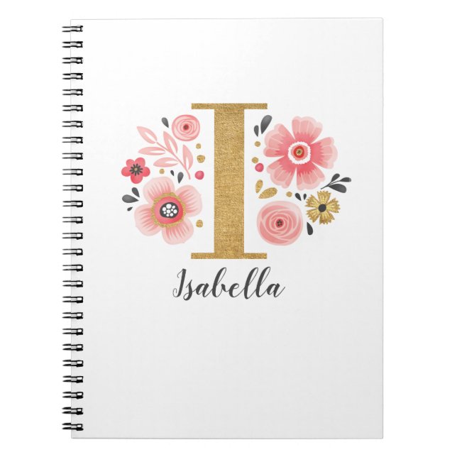 Caderno Espiral Letra I Monograma Floral Dourada rosa (Frente)