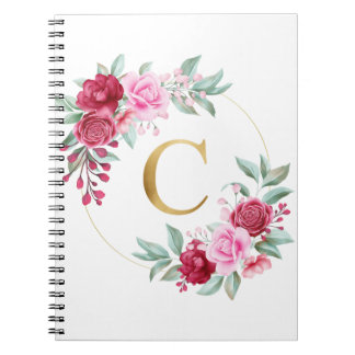 Caderno Espiral Letra inicial C, cor-de-rosa, monograma floral ver