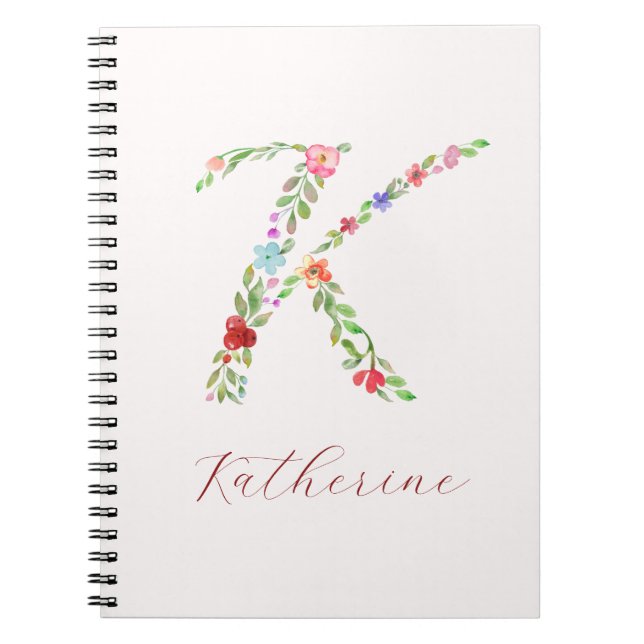 Caderno Espiral Letra K Monograma Floral Personalizado por Aquarel (Frente)
