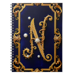 Caderno Espiral Letra Luxuosa N em Moldura Dourada Ornamentada