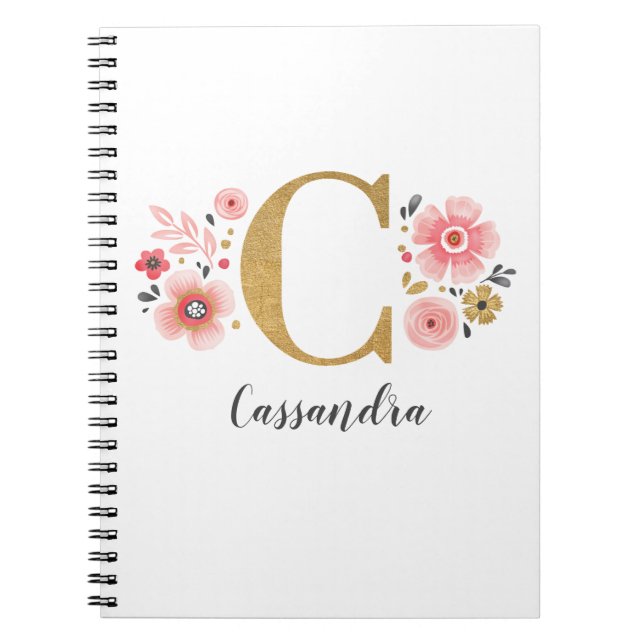 Caderno Espiral Letra Minúscula Dourada Rosa Maiúscula Monograma - (Frente)