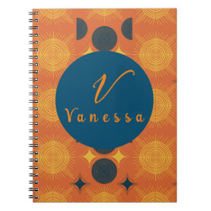 Caderno Espiral Letra Monográfica Laranja Boho Celestial Sun Moon