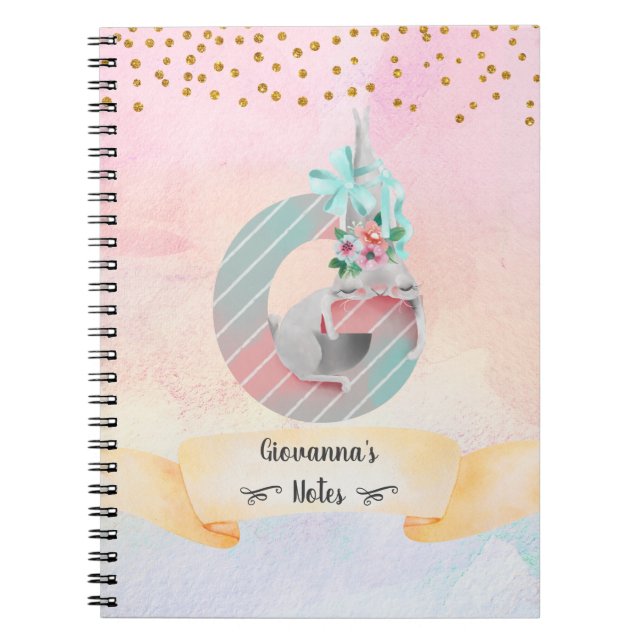 Caderno Espiral Letra Monograma G Menina Bunny Sonolenta Estudos D (Frente)