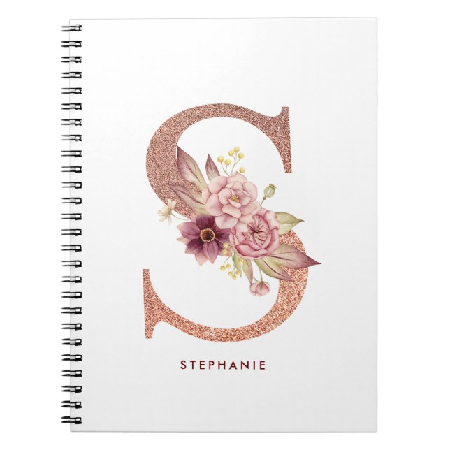 Caderno Espiral Letra oral Dourada Faux Rosa bonito S Monograma (Frente)