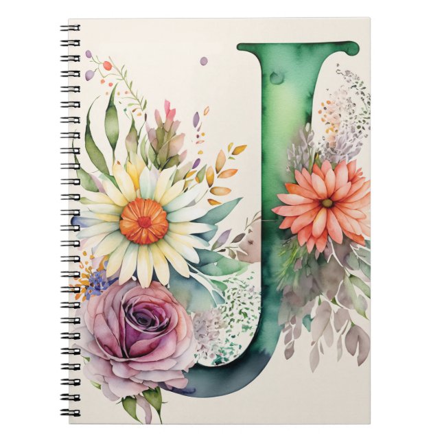 Caderno Espiral Letra Personalizada J Notebook Floral Watercolor (Frente)