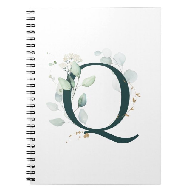 Caderno Espiral Letra Q Eucalyptus e notebook Dourado monograma (Frente)