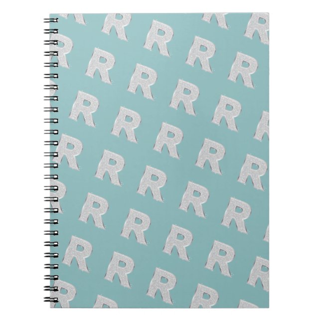 Caderno Espiral Letra R de monograma Aqua Mint Prata (Frente)