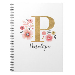 Caderno Espiral Letra Rosa Girassol Floral Monograma - Letra P