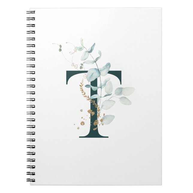 Caderno Espiral Letra T Eucalyptus e notebook Dourado monograma (Frente)
