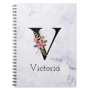 Caderno Espiral Letra "V" Boho Monograma Floral Mármore Branco