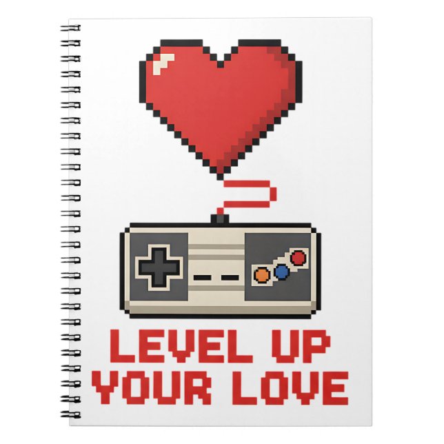 Caderno Espiral Level Up Your Love, Retro Pixel Gaming Design (Frente)