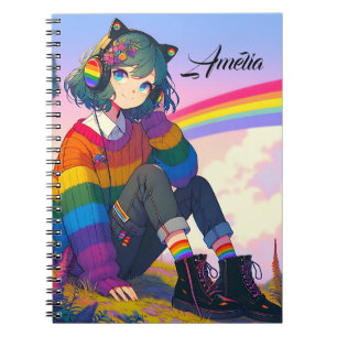 Caderno Espiral LGBTQIA+ Garota Anime Orgulho Lésbico Personalizad