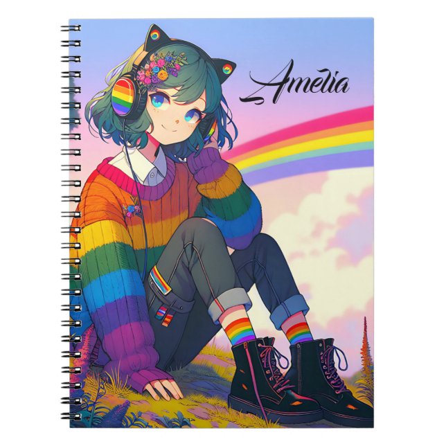 Caderno Espiral LGBTQIA+ Orgulho Lésbico de Menina de Anime Person (Frente)