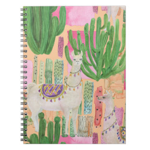 Caderno Espiral Lhamas aquarelas, cactos: padrão sem costura.