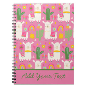 Caderno Espiral Lhamas Arco-íris Verde Cacto Luz Menina Rosa Fofo