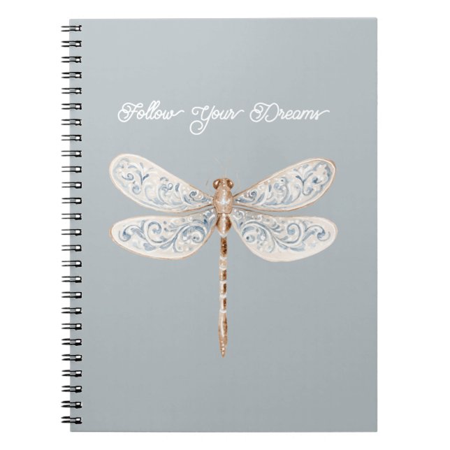 Caderno Espiral Libélula Cinza Azul Bronze Branco (Frente)