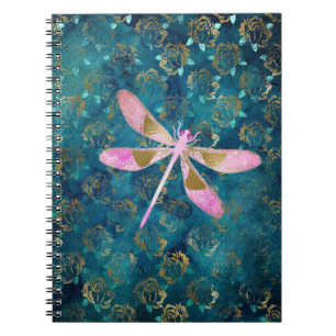 Caderno Espiral Libélula Dourado cor-de-rosa no fundo floral de