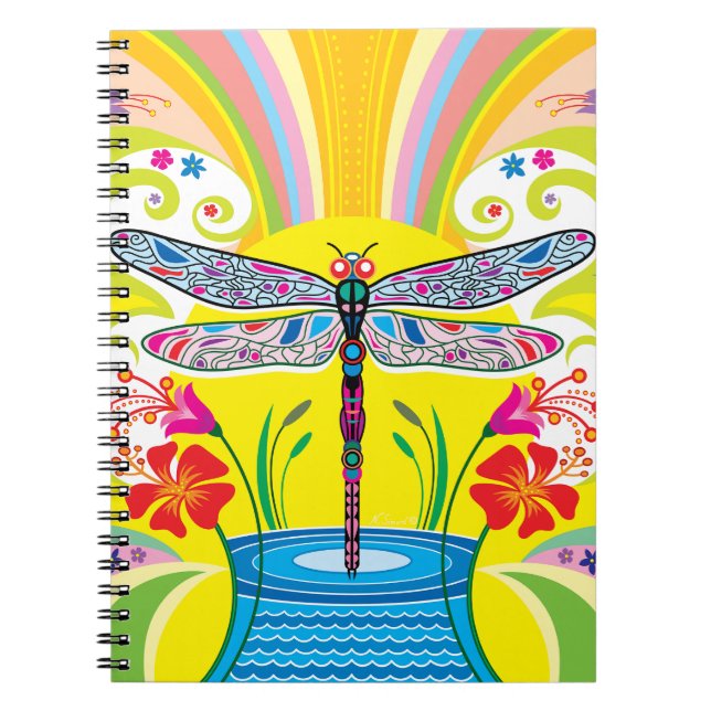 Caderno Espiral Libélula Radiante e Flores Silvestres (Frente)