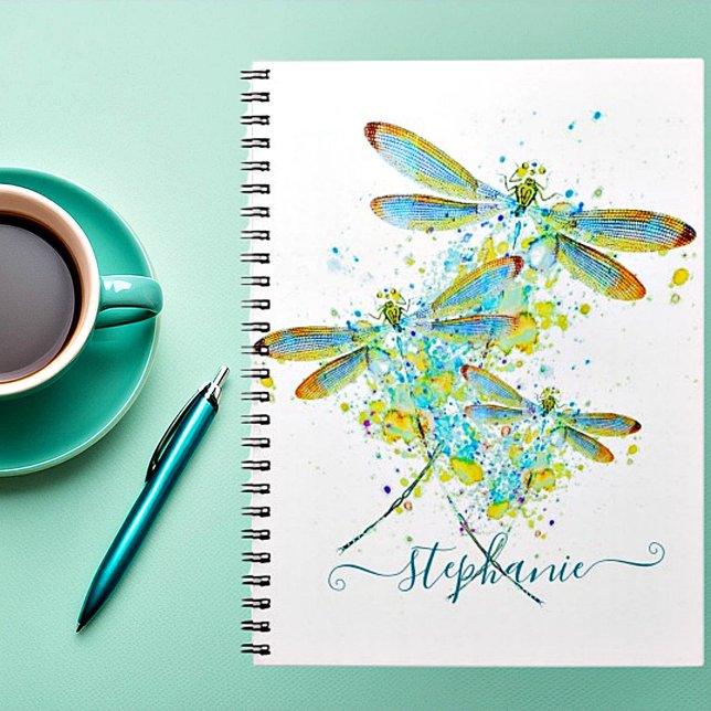 Caderno Espiral Libélula verde-água personalizada com respingos  (Criador carregado)