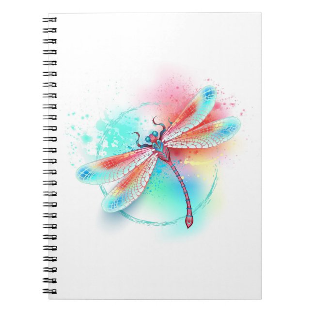 Caderno Espiral libélula vermelha sobre fundo de aquarela (Frente)
